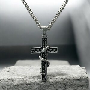 Large Hypoallergenic 316L Surgical Stainless Steel Cross Snake Pendant Necklace